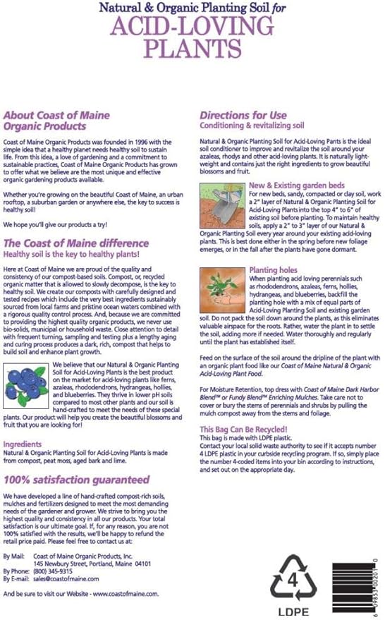 Coast of Maine (20qt) Organic and Natural Planting Soil for Acid-Loving Plants - Rhodys, Azaleas, Ferns, Hydrangeas & Berries