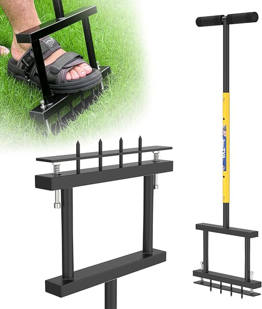 Adjustable Height Lawn Aerator Spike Tool with Spring, 4 Spikes Manual Yard Grass Aerator Gardening Tool for Lawn Care Courtyards, 38''