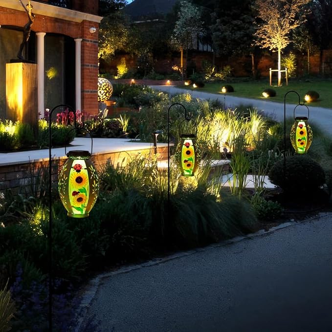 Sunflower Solar Lanterns Outdoor Waterproof,Hanging Solar Lantern,Sunflower Lanterns Decorative Outdoor,Glass & Metal Solar Lights for Tabletop Patio Porch Decor