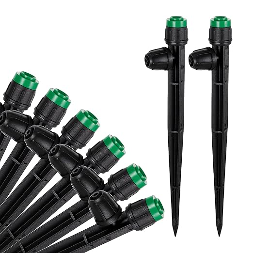 50pcs Drip Irrigation Emitters Sprayer for 1/4" Drip Irrigation Tubing Adjustable 360 Degree Water Flow Drippers on 6.5" Sturdy Stake with Lock Barbed Irrigation Drippers for Watering System