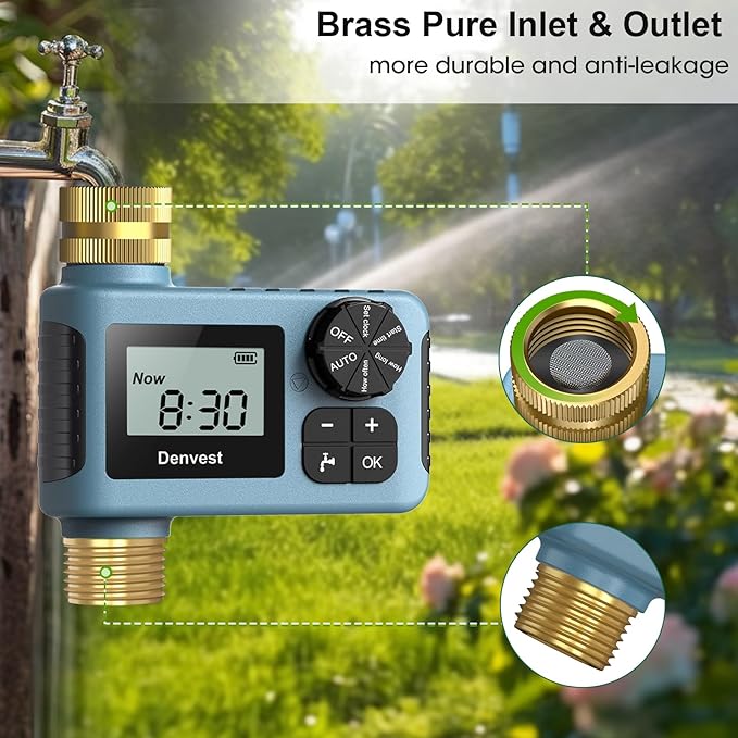 Hose Timer with Brass Inlet & Outlet, Water Timer for Garden Hose Faucet, Sprinkler Timer Outdoor, Irrigation Timer with Rain Delay/Manual for Garden/Outdoor Hose, Yard, Lawns, 1 Outlet