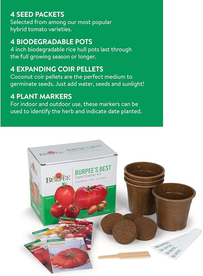 Burpee Best Starter Kit | SuperSauce, Fourth of July, Shimmer & Steakhouse | 4 Tomato Seed Packets, 4 Pots, 4 Coir Pellets & 4 Plant Markers