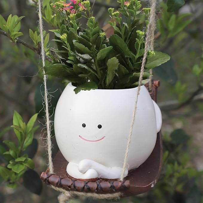 Small Swing Face Hanging Planter Pot for Indoor Outdoor Plants, Cute Swinging Plant Pot, Face Planter Pot Head, Hanging Flower Pots, Resin Succulent Planter, Valentines Day Gifts for Her