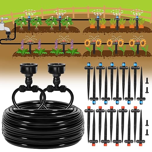 110FT Quick-Connect Drip Irrigation Kit, Garden Watering System DIY Automatic Irrigation Equipment Set for Lawn Raised Bed Greenhouse Plant Watering with 1/4'' Tubing, Drip Emitters, Connectors