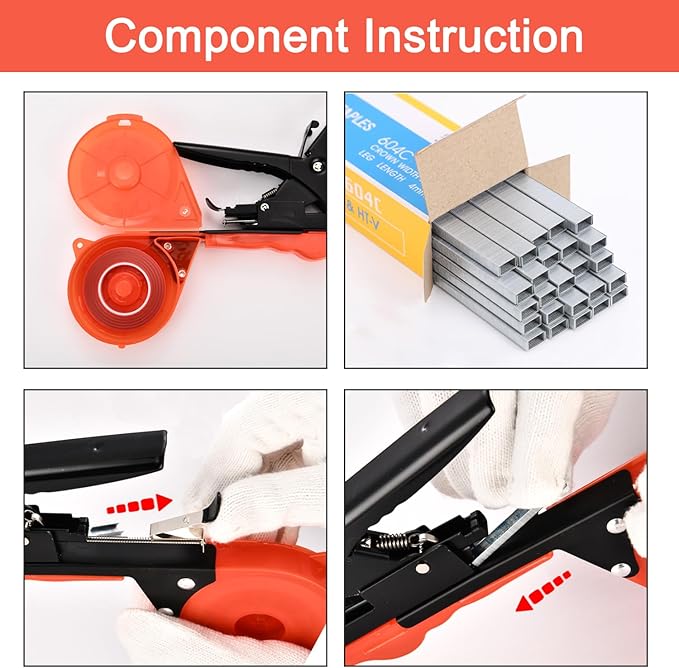 SUCA Plant Tying Machine, Plant Tape Cattle Panels for Garden,Plant Vine Tying Tool with 10000pcs Staples 21 Rolls Tape Plant Tape Gun for Grapes,Tapener (tapetool set1pcs), Red