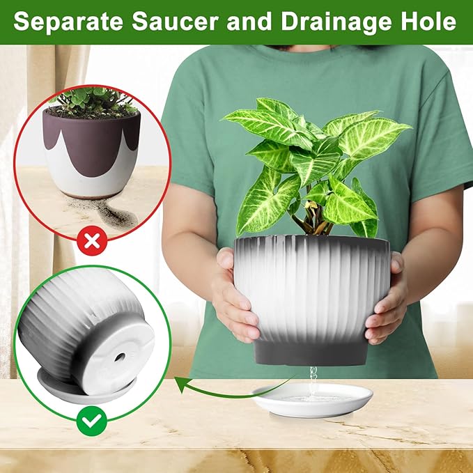 6.7 + 5.5 Inch Plant Pot, Ceramic Planter with Drainage and Saucer, Ceramic Pots for Plants, Indoor Plant pots,Ceramic Flower pots（Black + White, Plants NOT Included）