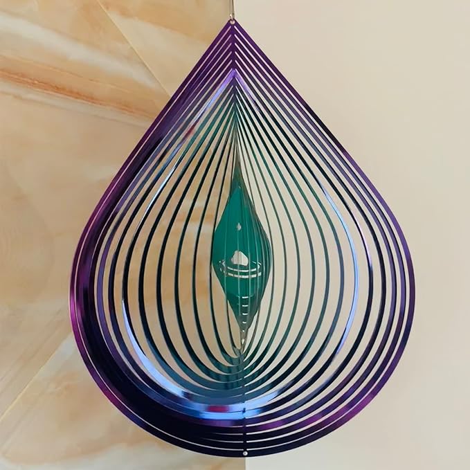 Wind Spinner Garden Indoor Outdoor Decor 3D Stainless Steel Metal Hanging Decorations, 3D Water Droplets Pattern Metal Wind Sculptures & Spinners Whirligig Gifts with 12inch(Green&Purple)