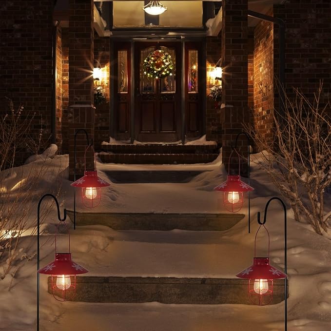 pearlstar Solar Lantern Outdoor Hanging Light Metal Solar Lamp with Warm White Edison Bulb Design for Christmas Holiday Home Garden Yard Patio Proch Decor (Red)