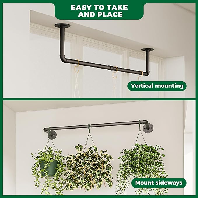 Bamworld Hanging Planters 2PCS for Indoor Plants Hanging Plant Holder Plant Hanger Indoor Ceiling Window Plant Shelves Wall Mount Black Metal Rod(Pot&Plant Not Included)