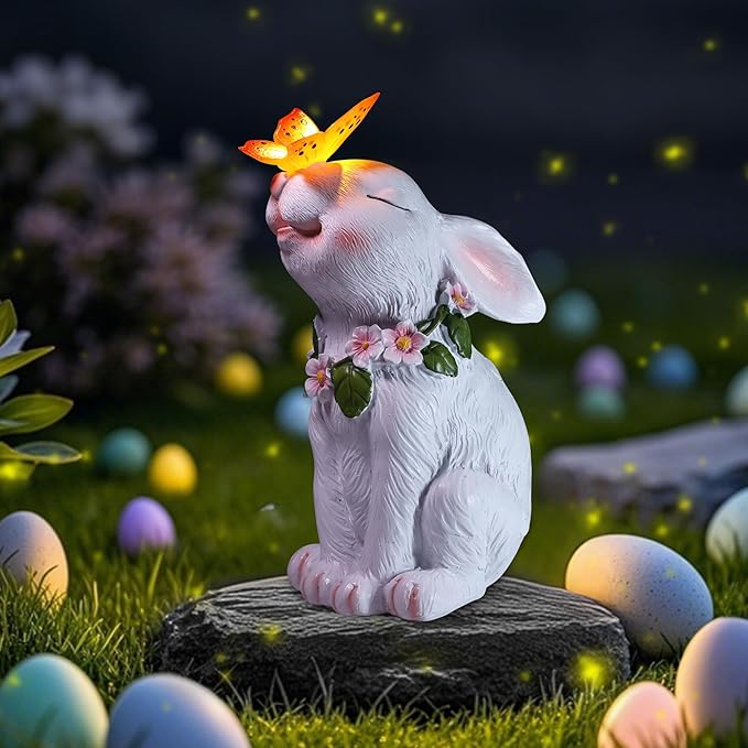 Solar Bunny Easter Garden Outdoor Decor, Large Outside Lawn Rabbit Animal Ornaments for Patio Clearance Balcony Yard, Easter Gift to Mom Women Birthday Mother's Day