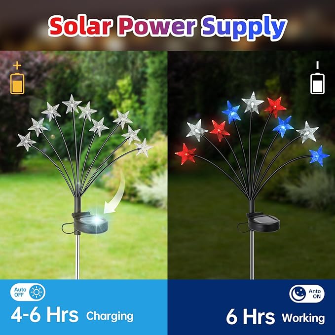 4th of July Decorations Solar Garden Lights, Fourth of July Red White and Blue Light Solar Lights Outdoor, Waterproof Patriotic Decor with 9 LED 2 Lighting Modes for Independence Day, 2 Pack
