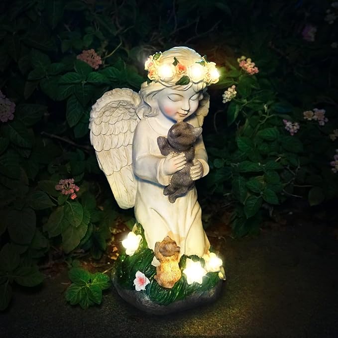 Angel Gifts for Women, Solor Statue for Garden, Angel and Cat Figurine with Lights, Outdoor Decorations for Yard Lawn Patio, Gifts for Mom Grandma Mother in Law Gardener Mother'Day