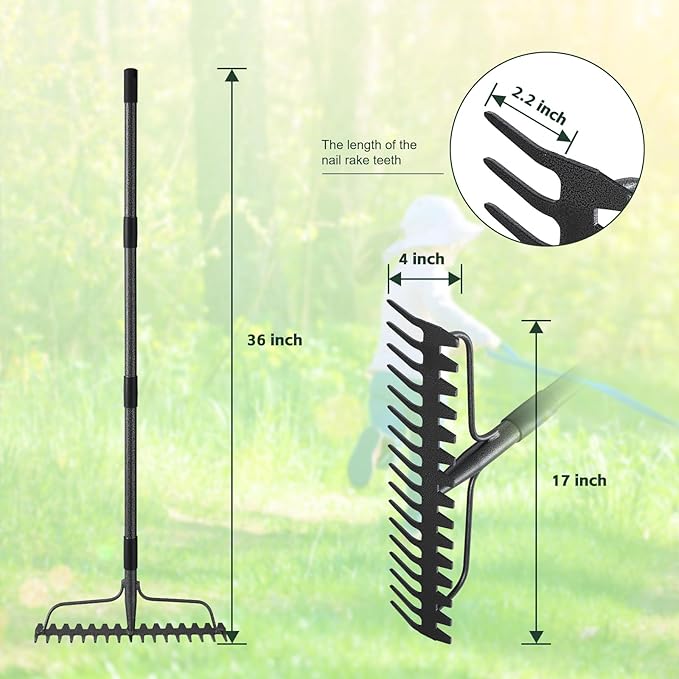 36'' Bow Rake Heavy Duty Garden Rake with Stainless Steel Handle, Tines Metal Head Rake Tool for Loosening Soil Gathering Leaf Leveling Lawn Farming Land Management Yarn Thatch Rake