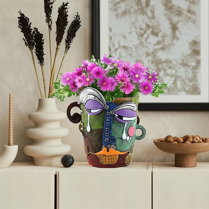 Picasso Brutalist Abstract Beauty Face Flower Pot Ornaments Abstract Face Flower Pots Abstract Head Planter Pots Container Colorful Face Art Abstract Resin Flower Pot (Picasso's tearful flowerpot)