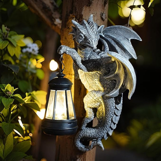 Dragon Statue Solar Lantern for Garden Décor, Dragons Figurine Night Light, 10”Outdoor Decorative Lamp, Mountable on Trees/Walls/Fences. Birthday/Housewarming Gifts for Dragon Fans