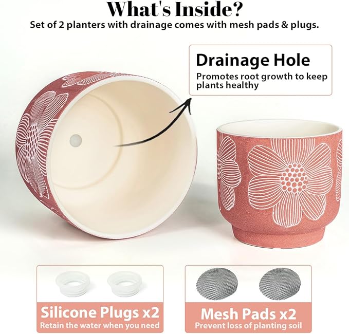 YBX 8 Inch + 6 Inch White Flower Pattern Plant Pots, Sand Glazed Ceramic Planter with Drainage Hole, Flower Pots for Indoor Plants, Red