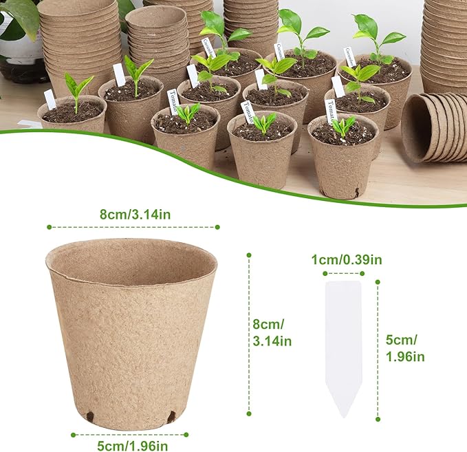 132 Pack Organic Peat Pots, 3.15 Inch Nursery Pot, Round Plant Seedling Pots with Drainage Holes, Small Seed Starting Starter Tray Bulk, Garden Germination Container with 132 Planting Labels(8 cm)