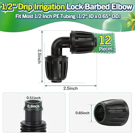 12 Pack Drip Irrigation Elbow Fittings for 1/2 Inch Drip Tubing(1/2" ID x 0.65" OD), Anti-drop Barbed 1/2'' Drip Line 90 Degree Elbow Connectors with Locked Nut for Garden Irrigation System