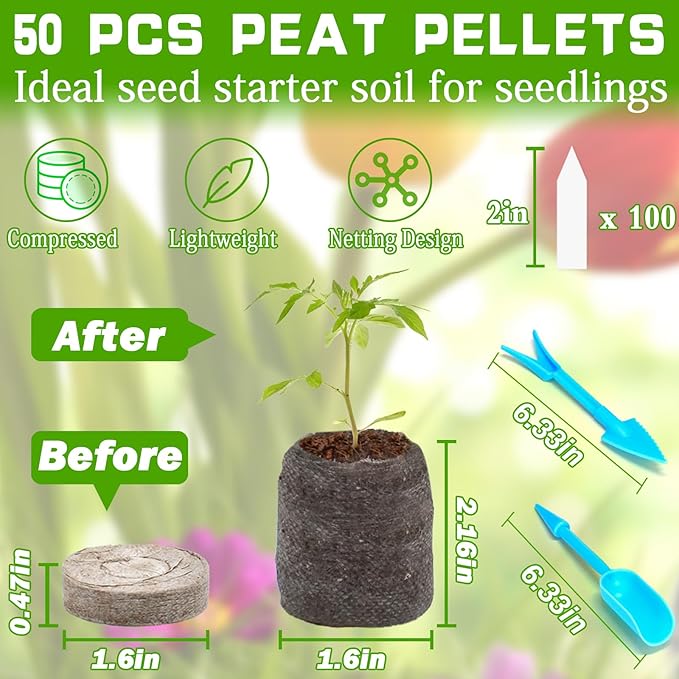 ZeeDix 50 Pcs 40mm Peat Pellets Seed Starter Soil Pods Plugs for Vegetable, Compressed Peat Nutrient Seedling Soil Block for Planting Easy Transplant with 50 Plant Labels & 2 Garden Tools