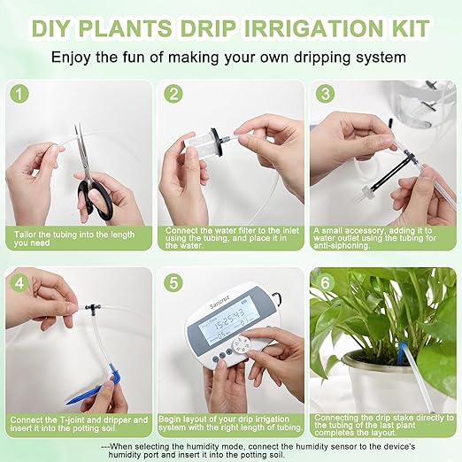 Automatic Drip Irrigation System Kit, 15 Potted Plants Indoor Automatic Watering System, Drip Irrigation System for Garden with Water Timer and LCD Display, Easy DIY Watering Device