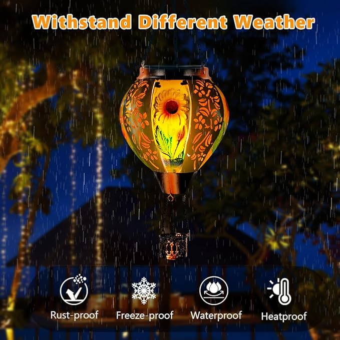 Starsoul Sunflowers Hot Air Balloon Solar Lantern Metal & Glass Solar Hot Air Balloon Hanging Garden Light Waterproof Outdoor Lantern for Patio Yard Party Decorations