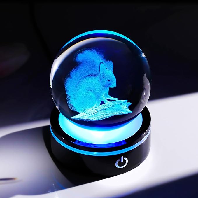 YWHL 3D Squirrel Figurine Crystal Ball with Colorful Light Base, Squirrel Gifts for Women Men on Christmas Birthday, 3D Laser Engraved Squirrel Ornament Glass Decorative Ball for Home Decor (80mm)