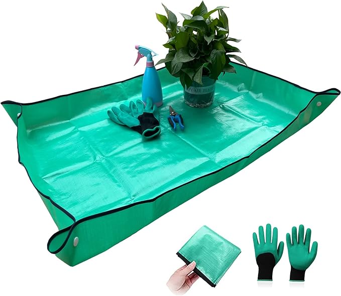 Plant Repotting Mat Waterproof Transplanting Floor Mat Indoor Gardening Potting Succulents Mat Portable Tray with Gardening Gloves - 39.4" x 29.5"