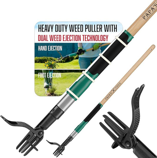 Papa's Tools Weed Puller Tool, 44" Stand Up Weeder Garden Tools & 4 Claw Steel Head, Dual Weed Eject Tech. Made With Real Bamboo & Long Wooden Handle, Yard Weeding Remover For Gardening Men & Women