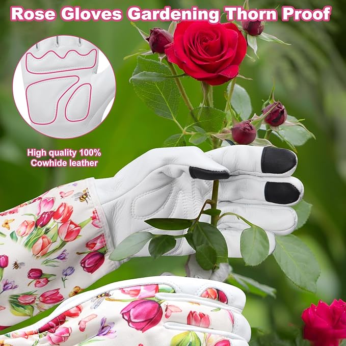 DLY Gardening Gloves for Women, Rose Gloves Gardening Thorn Proof, Long Garden Gloves for Women, Breathable Cowhide Leather Gauntlet (X-Large, White)