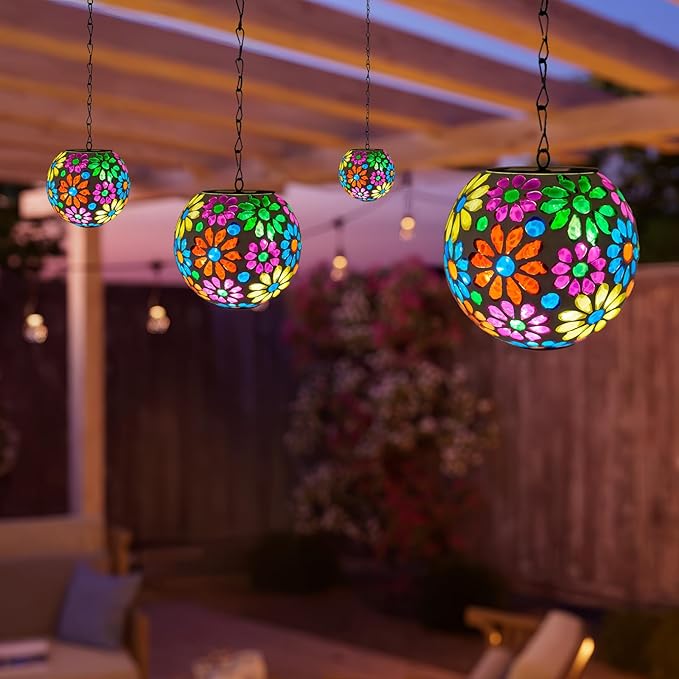 Colorful Solar Hanging Lanterns Glass Mosaic Gazing Ball Globe Hanging Lantern Lights Outdoor Waterproof for Patio Garden Yard Home Decor (Flowers)