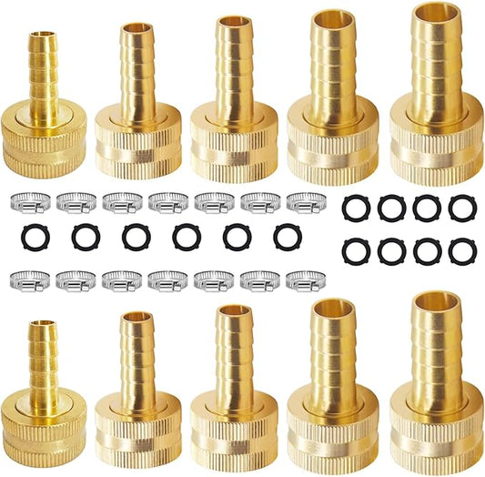 1/4" Barb, 3/8" Barb, 1/2" Barb, 5/8" Barb, 3/4" Barb x 3/4 Female GHT Thread（2 pcs of each）Solid Brass Water Hose End Repair Connector, Includes 14 Stainless Steel Clamps and 14 gaskets