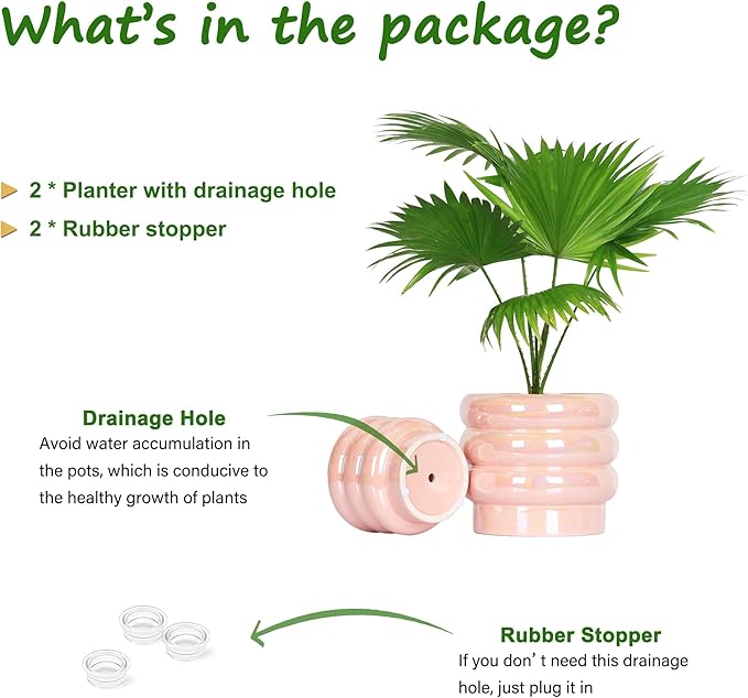 7.8 Inch + 5.7 inch 2 pcs Ceramic Plant Pots for Indoor Plants, Rainbow Pearl Glaze Planter with Planters for Plants with Drainage Hole, Orchid Pots, Succulent Pot, Flower Pot (Pink)