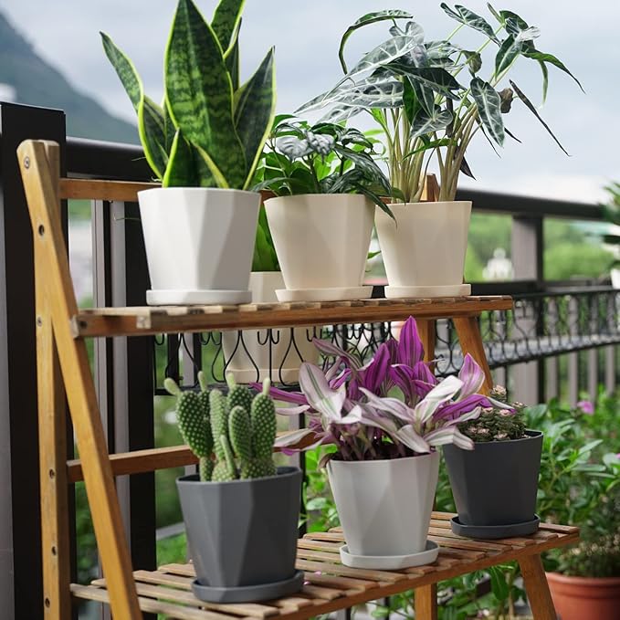 InmeRun Plant Pots Indoor Plastic Flower Pots Outdoor 5 inch Set of 6 Pack with Drainage Holes and Saucers for Garden Pots (5inch-6pcs)