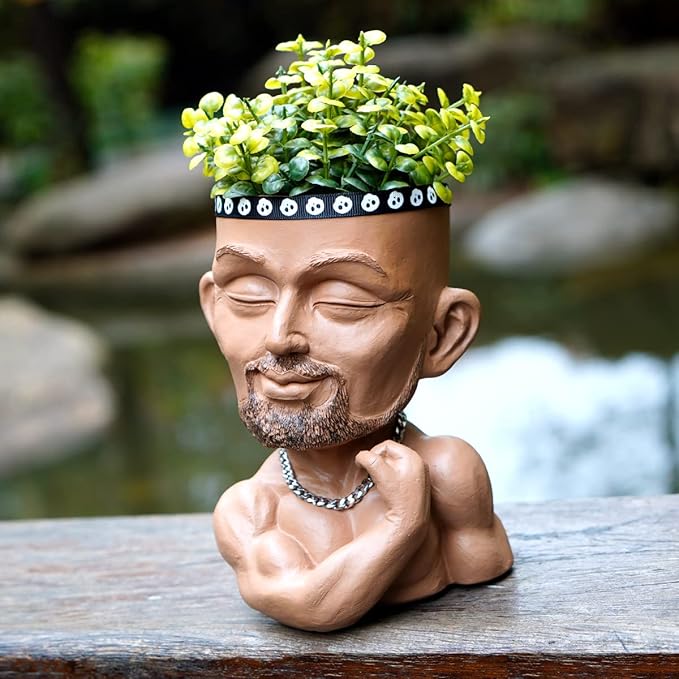 Beefcake Face Planter Pots Head Planter Man Face Planters Pot Head Face Flower Pot Head Planter with Drainage Hole Mscular Man(Brown)