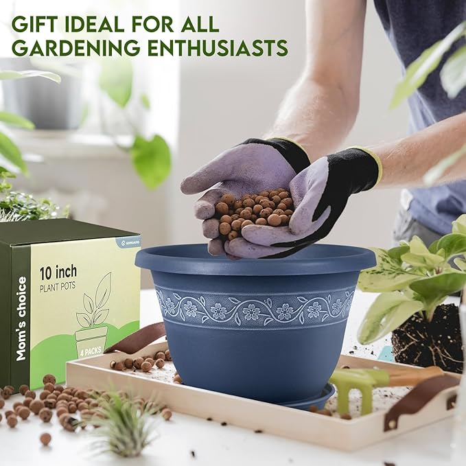 10 Inch Plant Pots with Drainage Hole - Lightweight Flower Pots for Herbs and Flowers - Home Decor Plastic Planters for Indoor Outdoor Plants- Pack of 4 (Blue, 10 inch)