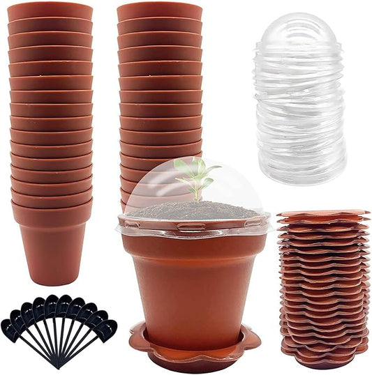 30 Pack Cupcake Plant Nursery Pots with Humidity Dome- Small Plastic Flower Pots with Saucers and Shovel for Indoor Outdoor Seedling Succulent Vegetable