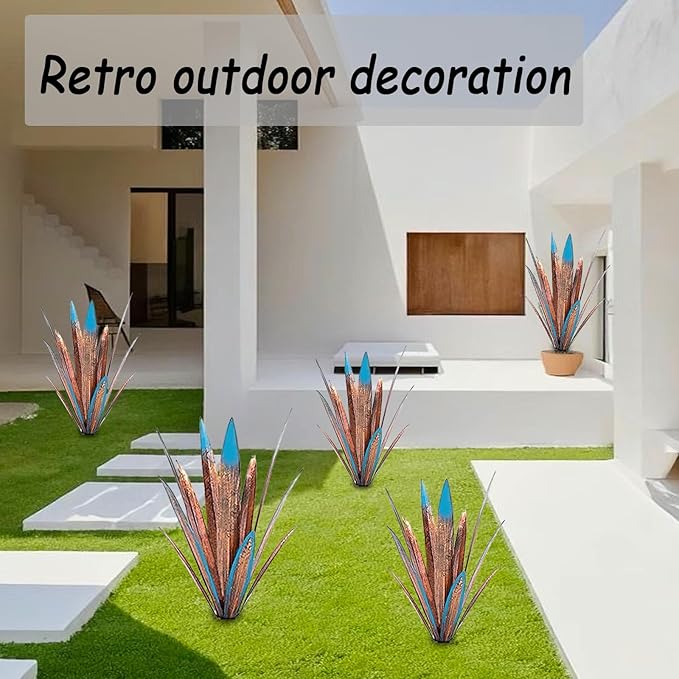 Jesokiibo Tequila Rustic Sculpture DIY Metal Agave Plant Home Decor Rustic Hand Painted Metal Agave Garden Ornaments Outdoor Decor Figurines Home Yard Decorations Stakes Lawn Ornaments (Blue 4PCS)