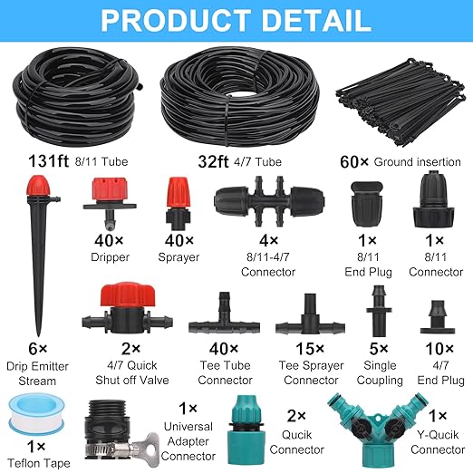 165FT Drip Irrigation System Kit, Greenhouse Irrigation System Patio Misting Plant Watering System, Yard, Lawn, Plant with 5/16 inch 1/4 inch Hose Distribution Tubing and Accessories