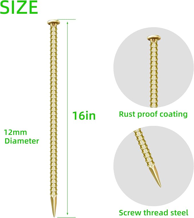 12 Pieces 16-Inch Garden Ground Stakes Galvanized Steel Rebar Stakes - Heavy Duty Ground Anchors for Tents, Position Stakes Kits,Fences Stakes, and Trampolines Stakes