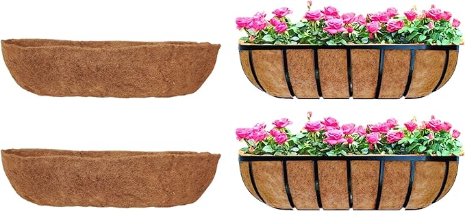 Maxona 30 inch 2 Pack Trough Rectangular Coco Liner for Window Box Planter: Thick Coconut Coir to Support The Soil Replacement for Wall Hanging Basket, Rectangle Pre-Formed Fiber Husk, Garden Fence
