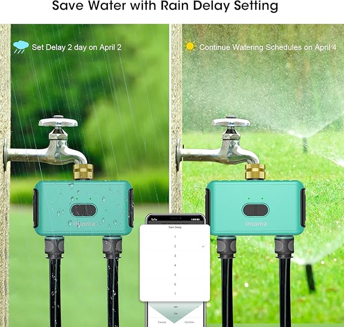 Smart Hose Watering Timer with Wi-Fi Hub, Automate Water & Sprinkler Schedules for Lawn, Garden, & Yard Care, Compatible with Alexa Green-Brass Inlet & Plastics Outlet (2-Outlet)