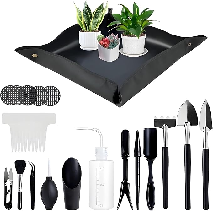 Garden Hand Tools, Indoor Plant Tools Set - Plant Repotting Mat Kit and Storage Bag,Mini Garden Transplanting Tools for Indoor Outdoor Miniature Fairy Flower Plant Care (28PCS Black Set)