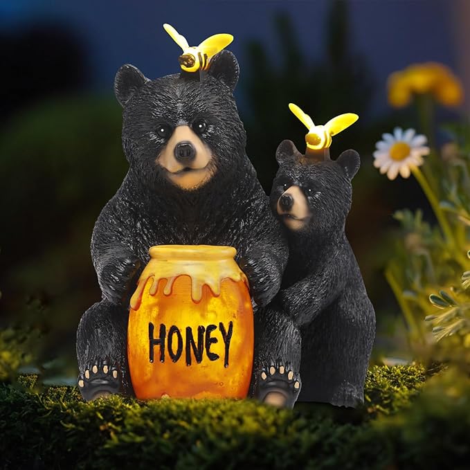 Solar Garden Decor Statues 7" Resin Mother&Cub Bear Figurines with Honey Jar Waterproof Black Bear Decor for Outside Yard Patio Porch Decoration Gift for Mom Grandma