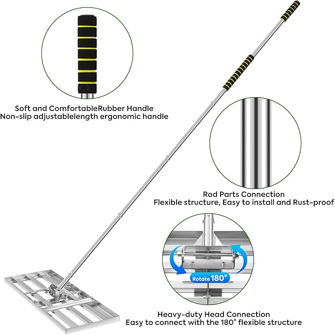 Lawn Leveling Rake 30x10 inch, Heavy Duty Lawn Leveling Rake with 6.5FT Adjustable Handle, Stainless Steel Effort Saving Levelawn Tool for Grass, Golf Field, Level Soil or Dirt Ground