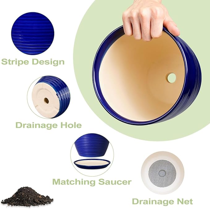 Ceramic Planter Pot - 10 Inch Plant Pot Indoor with Drainage Hole and Saucer Round Planter Large Modern Decorative Flower Pot Outdoor Garden Pot Blue