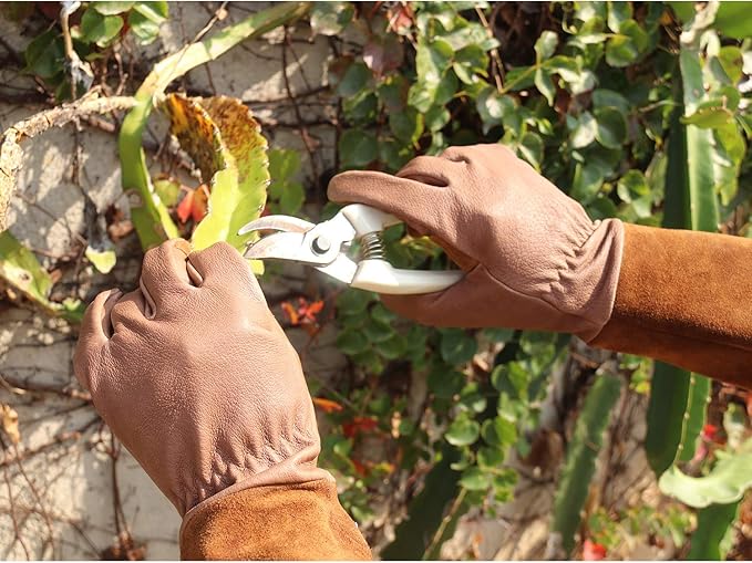 HANDLANDY Long Gardening Gloves for Men & Women, Cowhide Leather Rose Pruning Gloves- Breathable & Durable Gauntlet Gloves (Large, Brown)
