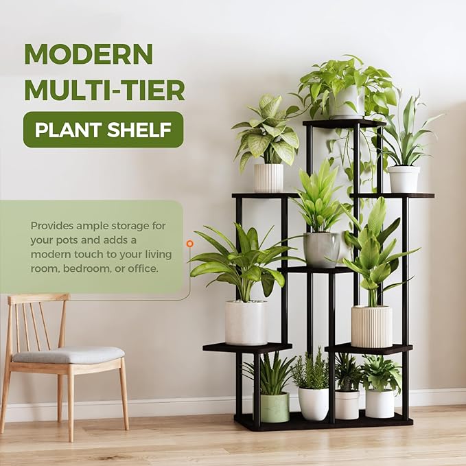 Bamworld 7 Tier Plant Stand Indoor, Large Metal Plant Shelf for Multiple Plants, Tall Tiered Flower Stand for Patio Garden Balcony Living Room Bedroom(Black)