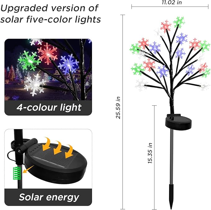 Multicolor Snowflakes Solar Pathway Lights for Christmas Decorations Outdoor - 2PACK 40LED Christmas Stake Lights, Waterproof Outdoor Snowflakes Solar Christmas Lights for Garden Yard Patio Xmas Decor