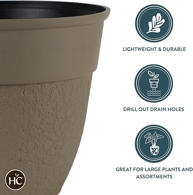 The HC Companies 16 Inch Brookhaven Decorative Round Planter - Lightweight Premium Resin Plant Pot with a Stonelike Texture for Indoor Outdoor Use, Taupe