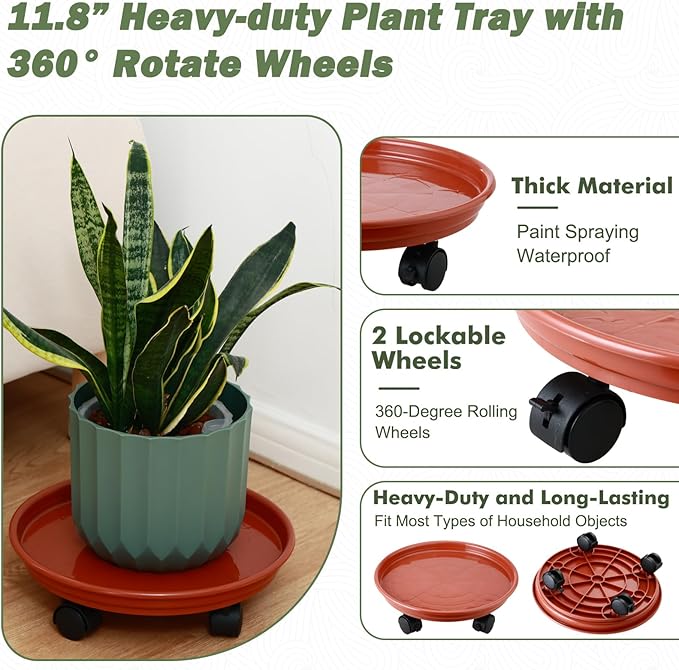 6 Packs Plastic Plant Caddy with Wheels 11.8" Plastic Rolling Plant Stands Heavy-Duty Plant Dolly with Casters Indoor and Outdoor Plant Roller Base Wheels, Rust Red